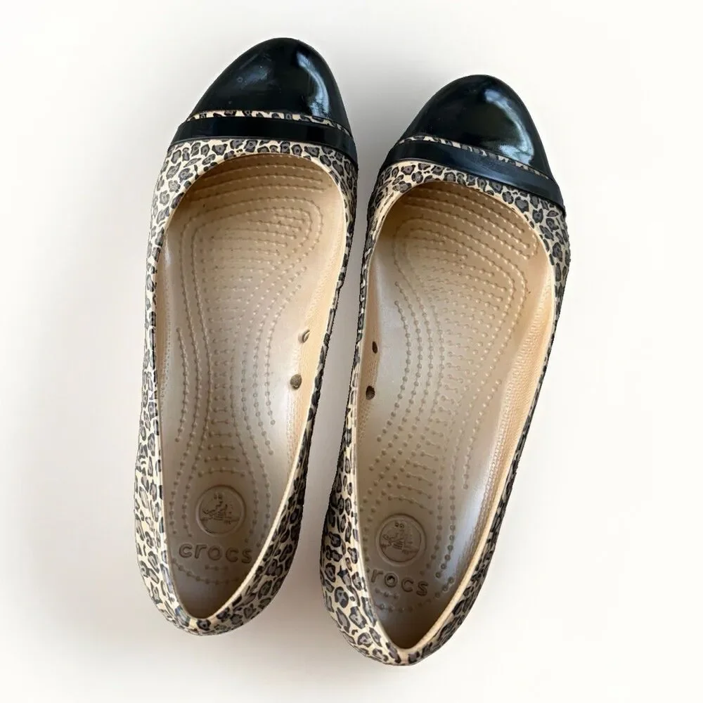 Crocs Cap Toe Leopard Print Ballet Flats Womens Size 8 Brown Black Slip On Shoes